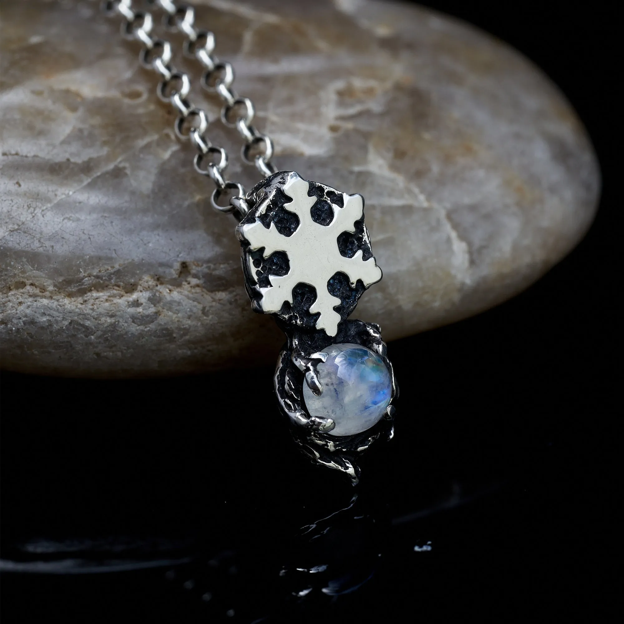 Blackened Silver Moonstone Pendant "Snowflake"