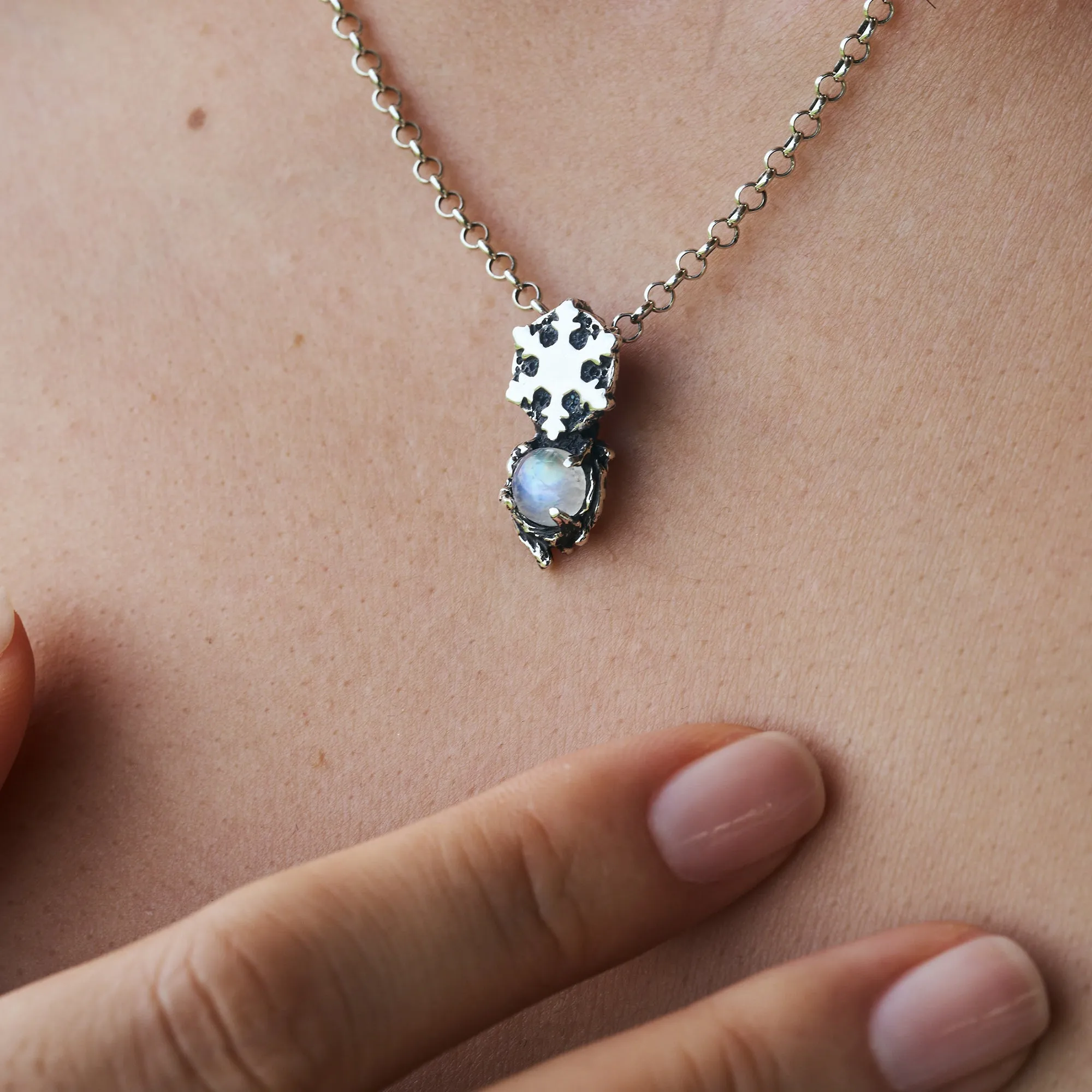 Blackened Silver Moonstone Pendant "Snowflake"