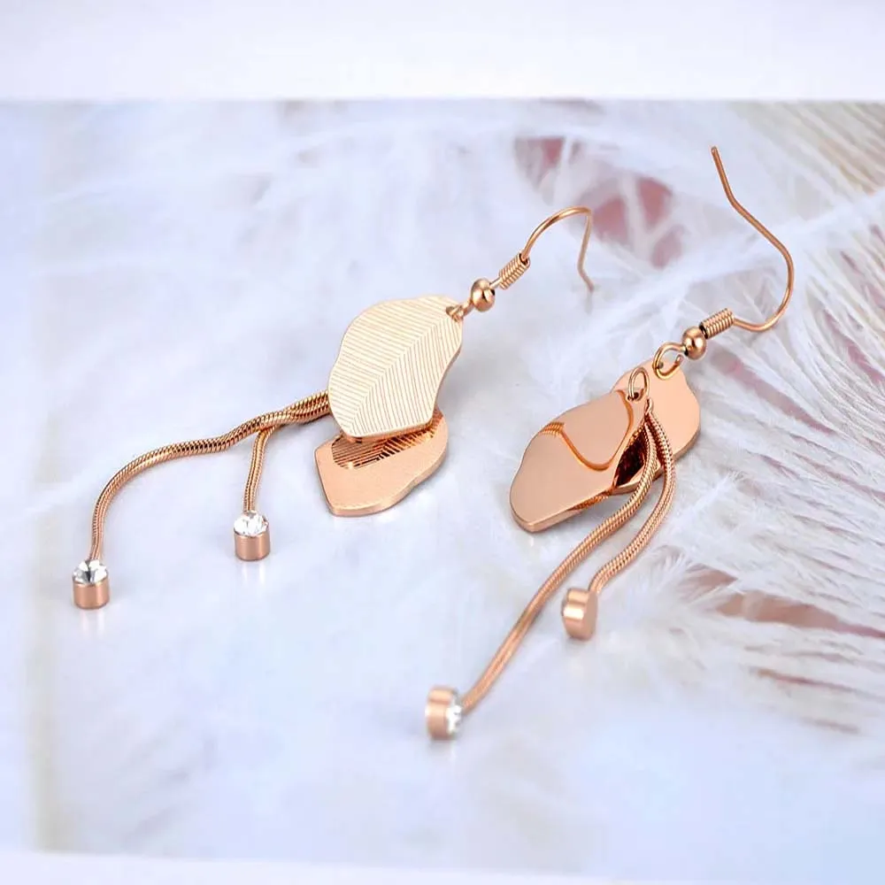 Bohemia Stainless Steel CZ Crystal Double Leaves Tassel Earrings