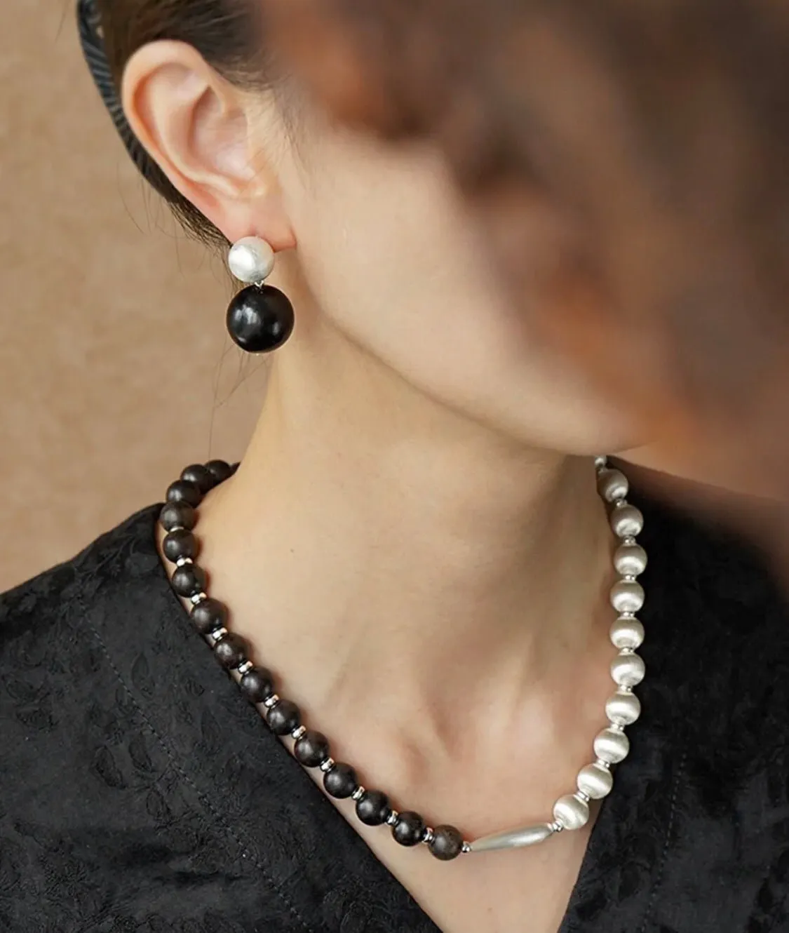 Brushed Bead & Ebony Wood Sphere Necklace