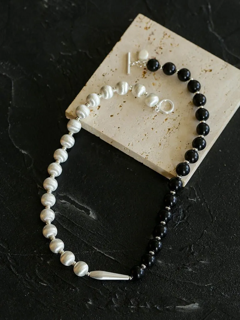 Brushed Bead & Ebony Wood Sphere Necklace