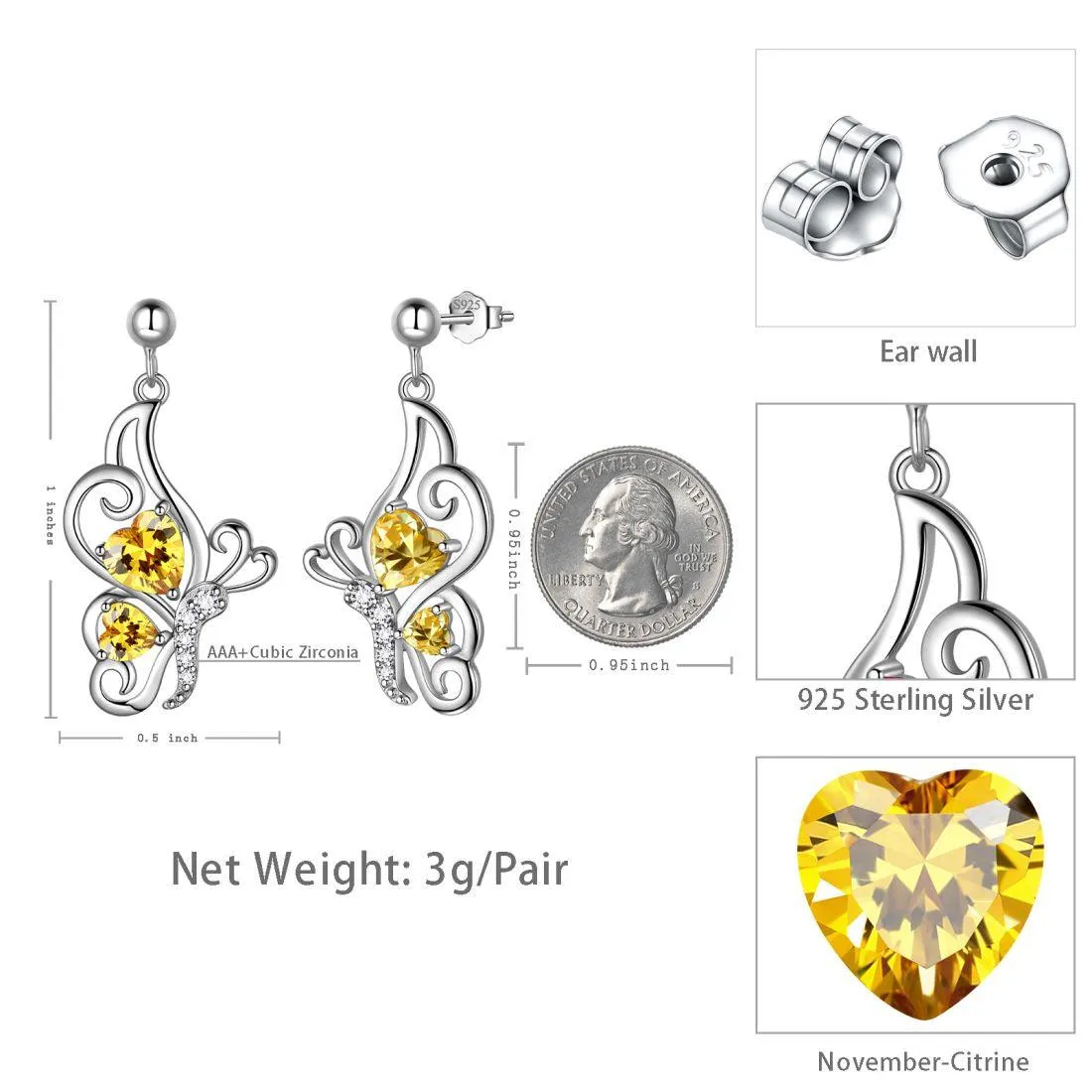Butterfly Birthstone November Citrine Earrings Women Girls Jewelry Birthday Gift Sterling Silver
