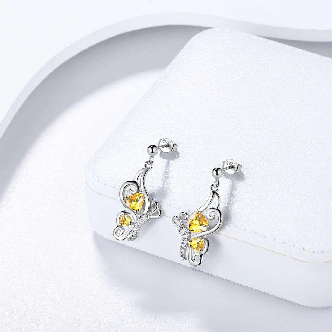 Butterfly Birthstone November Citrine Earrings Women Girls Jewelry Birthday Gift Sterling Silver