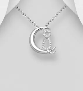 Cat & Moon CZ 925 Sterling Silver Pendant