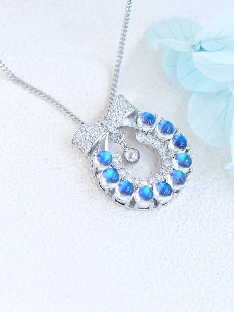Chic Womens Christmas Wreath Blue Moonstone Pendant Necklace White Gold Plated Silver Necklace