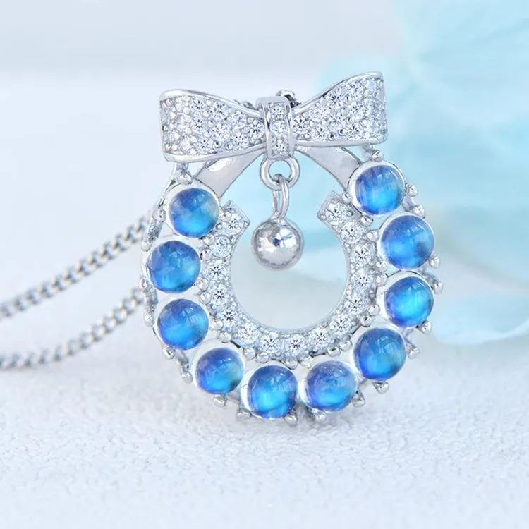 Chic Womens Christmas Wreath Blue Moonstone Pendant Necklace White Gold Plated Silver Necklace