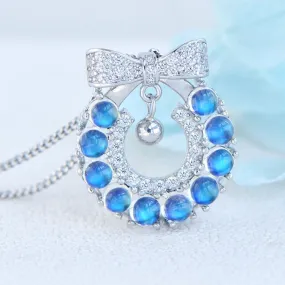 Chic Womens Christmas Wreath Blue Moonstone Pendant Necklace White Gold Plated Silver Necklace