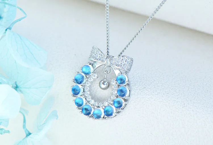 Chic Womens Christmas Wreath Blue Moonstone Pendant Necklace White Gold Plated Silver Necklace