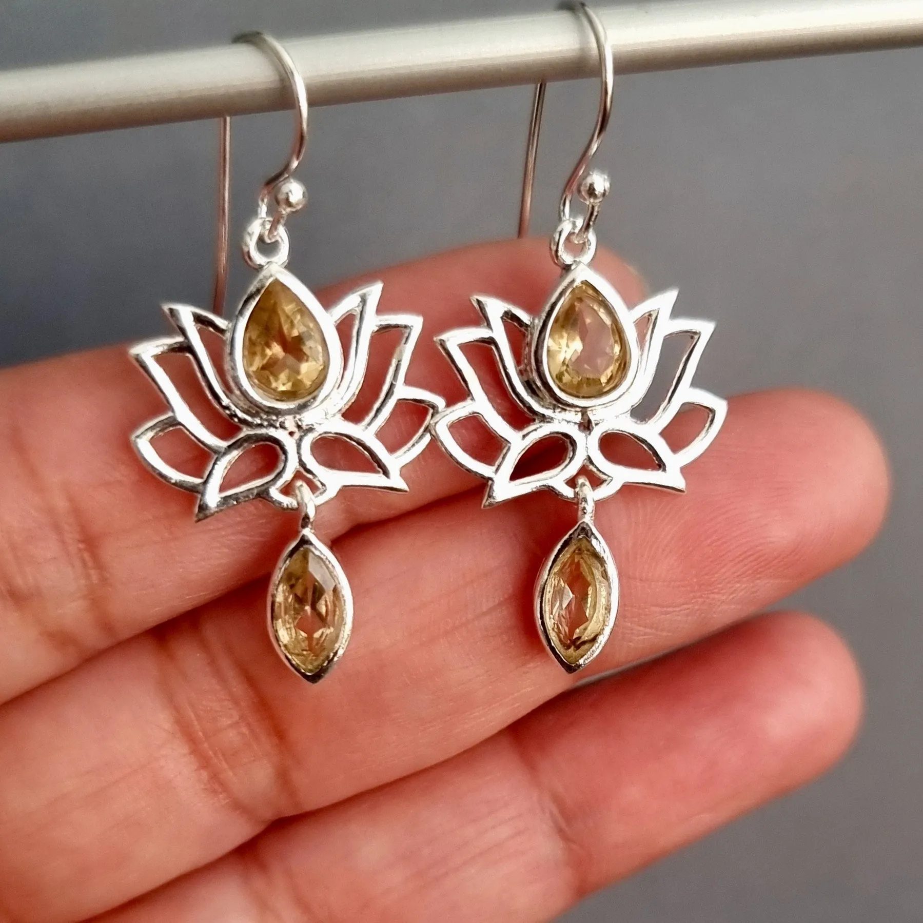 Citrine 925 Sterling Silver Lotus Flower Earrings, E64CIT