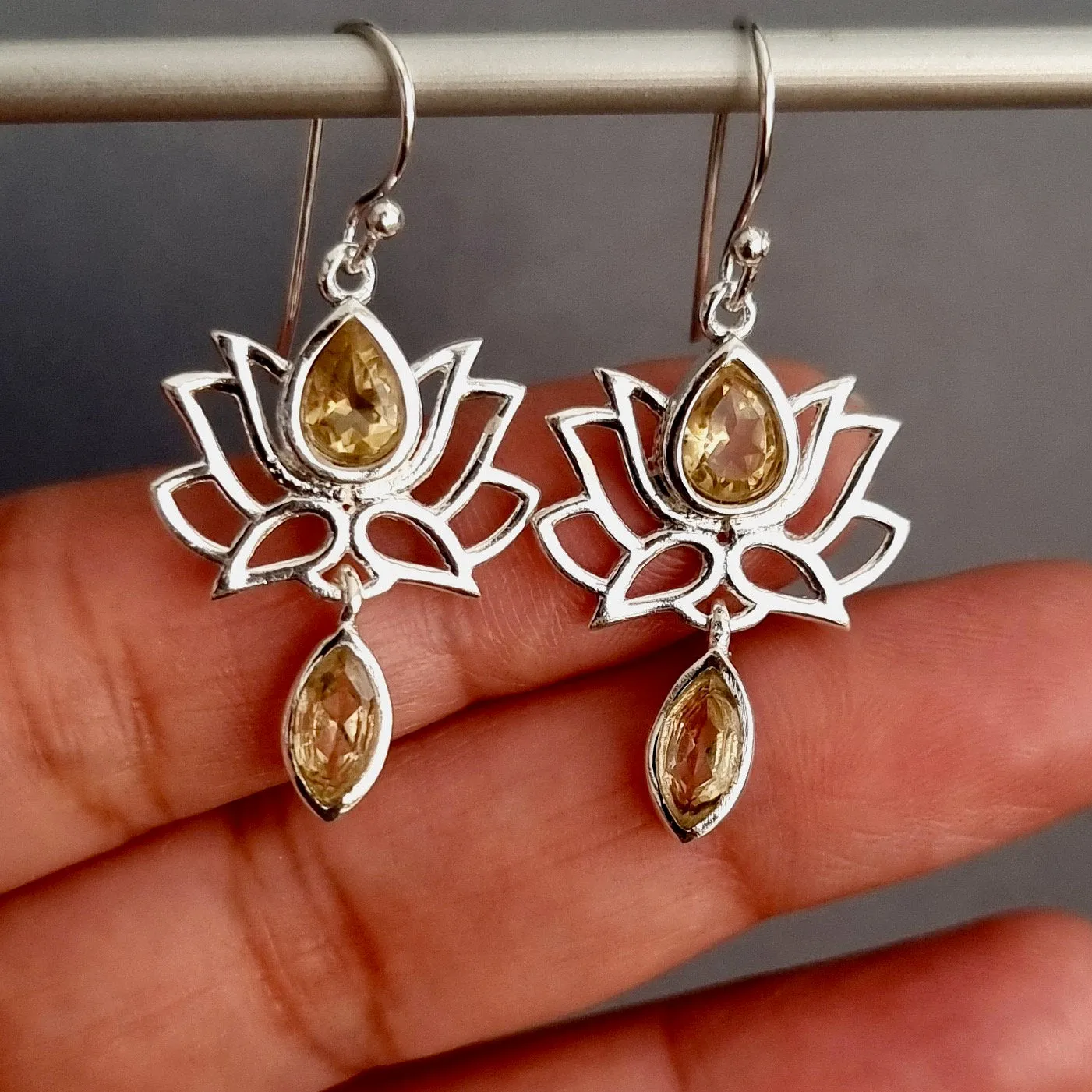 Citrine 925 Sterling Silver Lotus Flower Earrings, E64CIT