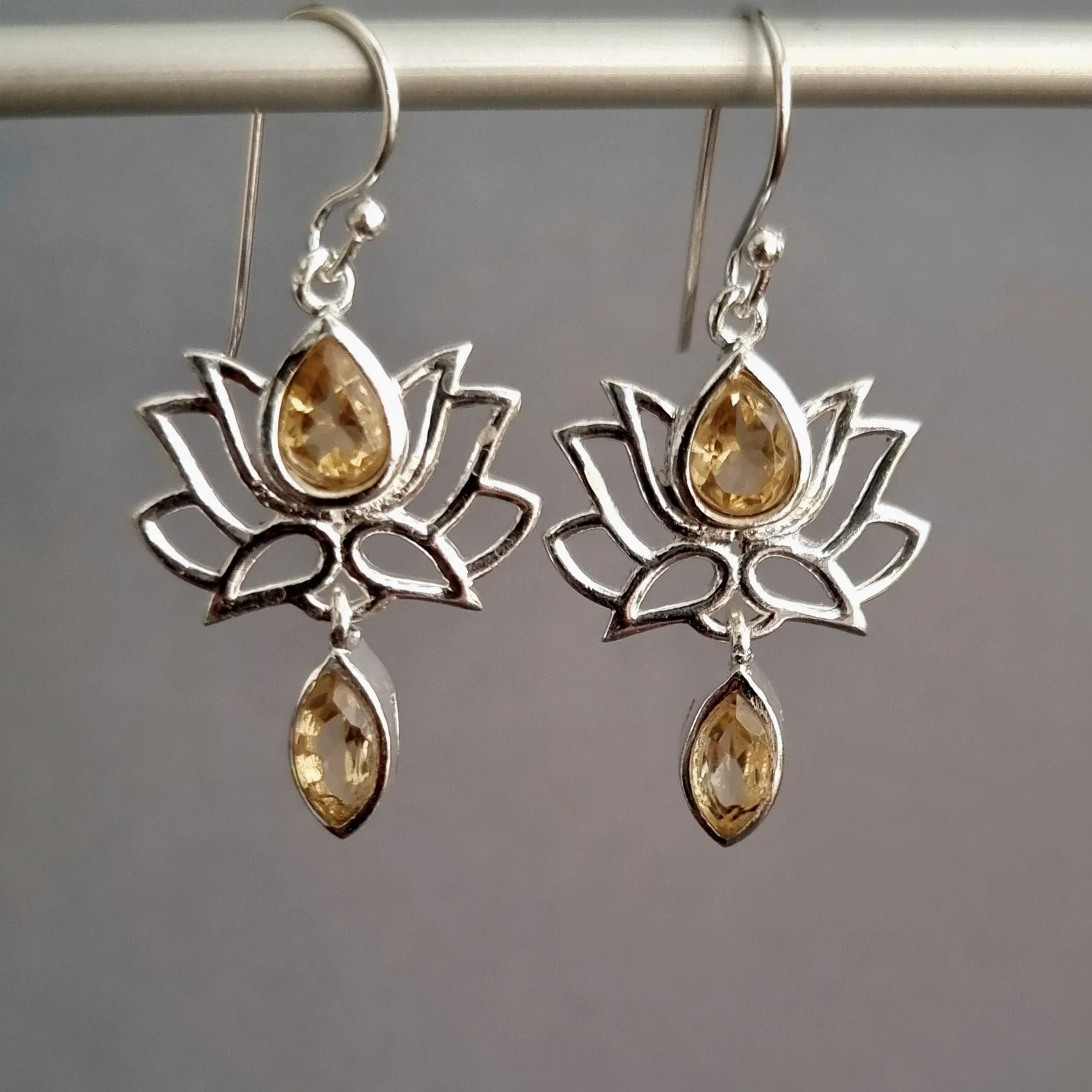 Citrine 925 Sterling Silver Lotus Flower Earrings, E64CIT
