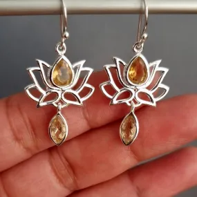 Citrine 925 Sterling Silver Lotus Flower Earrings, E64CIT