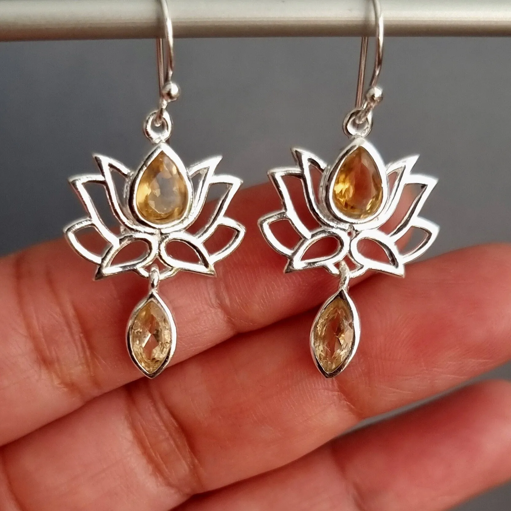 Citrine 925 Sterling Silver Lotus Flower Earrings, E64CIT