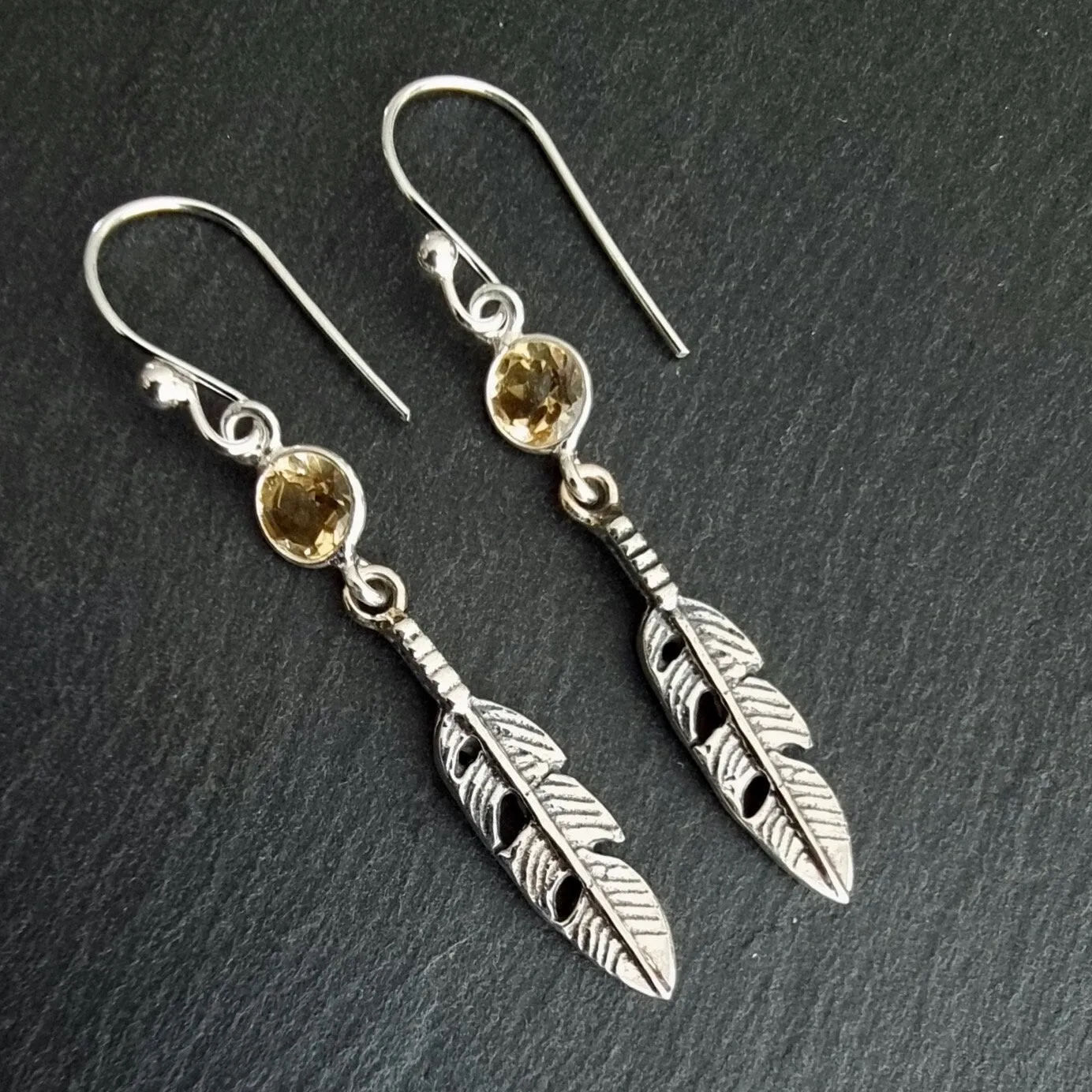 Citrine Feather 925 Sterling Silver Dangly Earrings, E21CIT