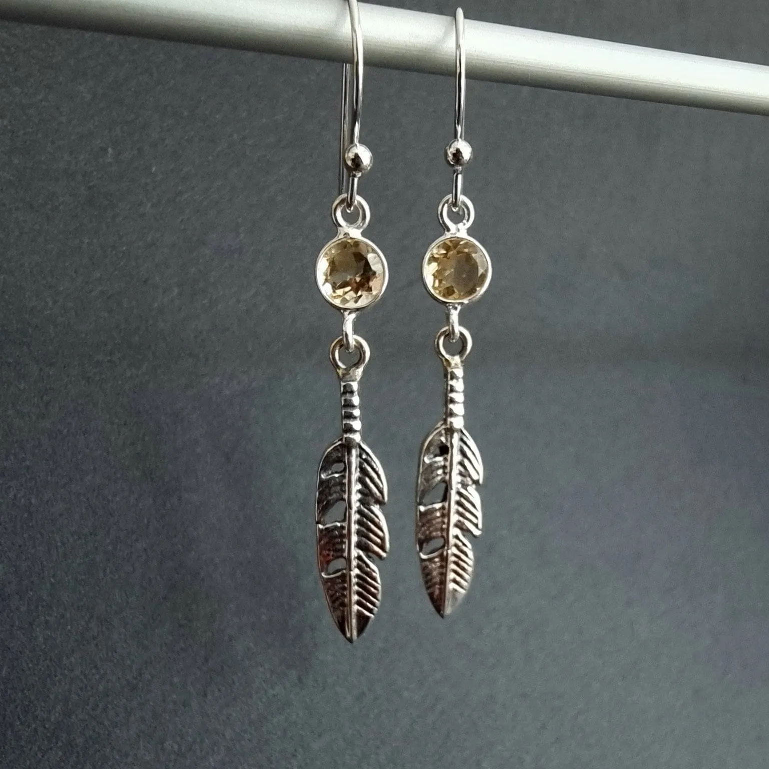 Citrine Feather 925 Sterling Silver Dangly Earrings, E21CIT