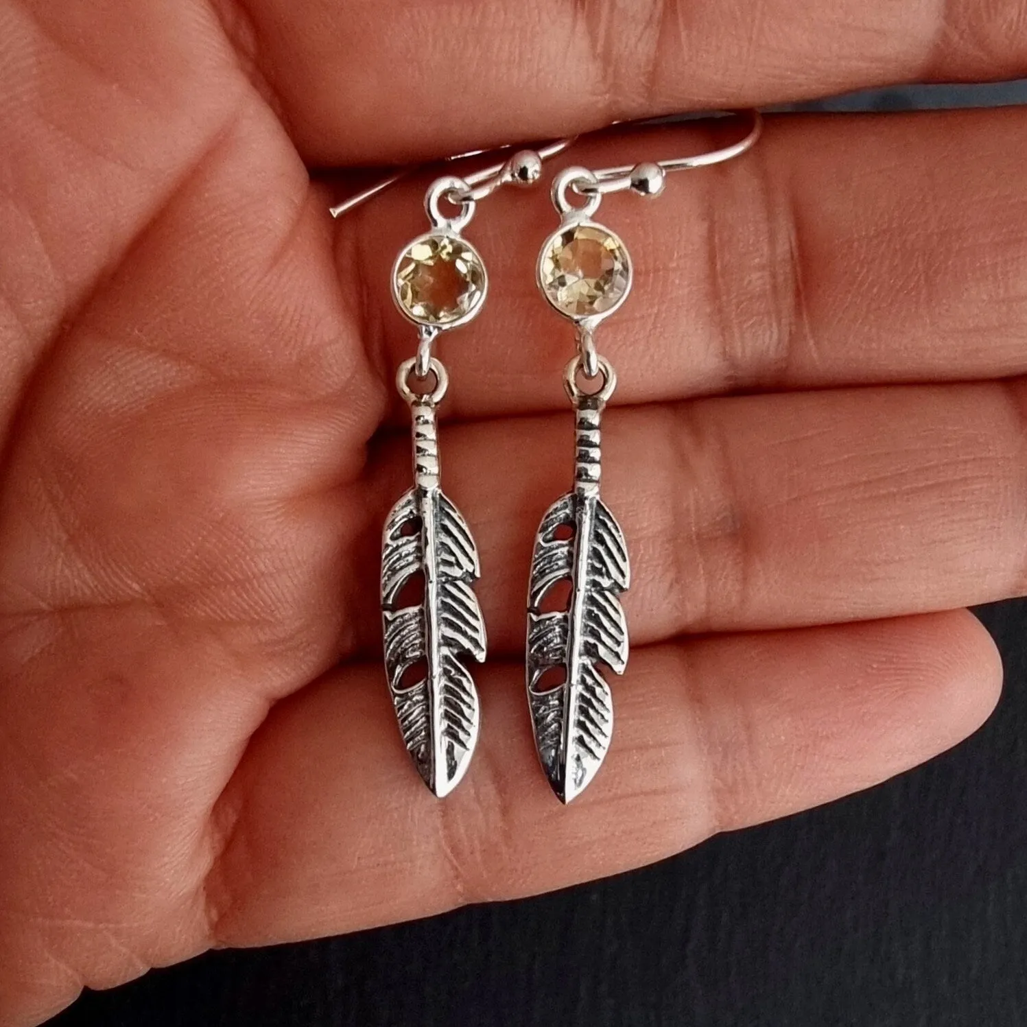 Citrine Feather 925 Sterling Silver Dangly Earrings, E21CIT
