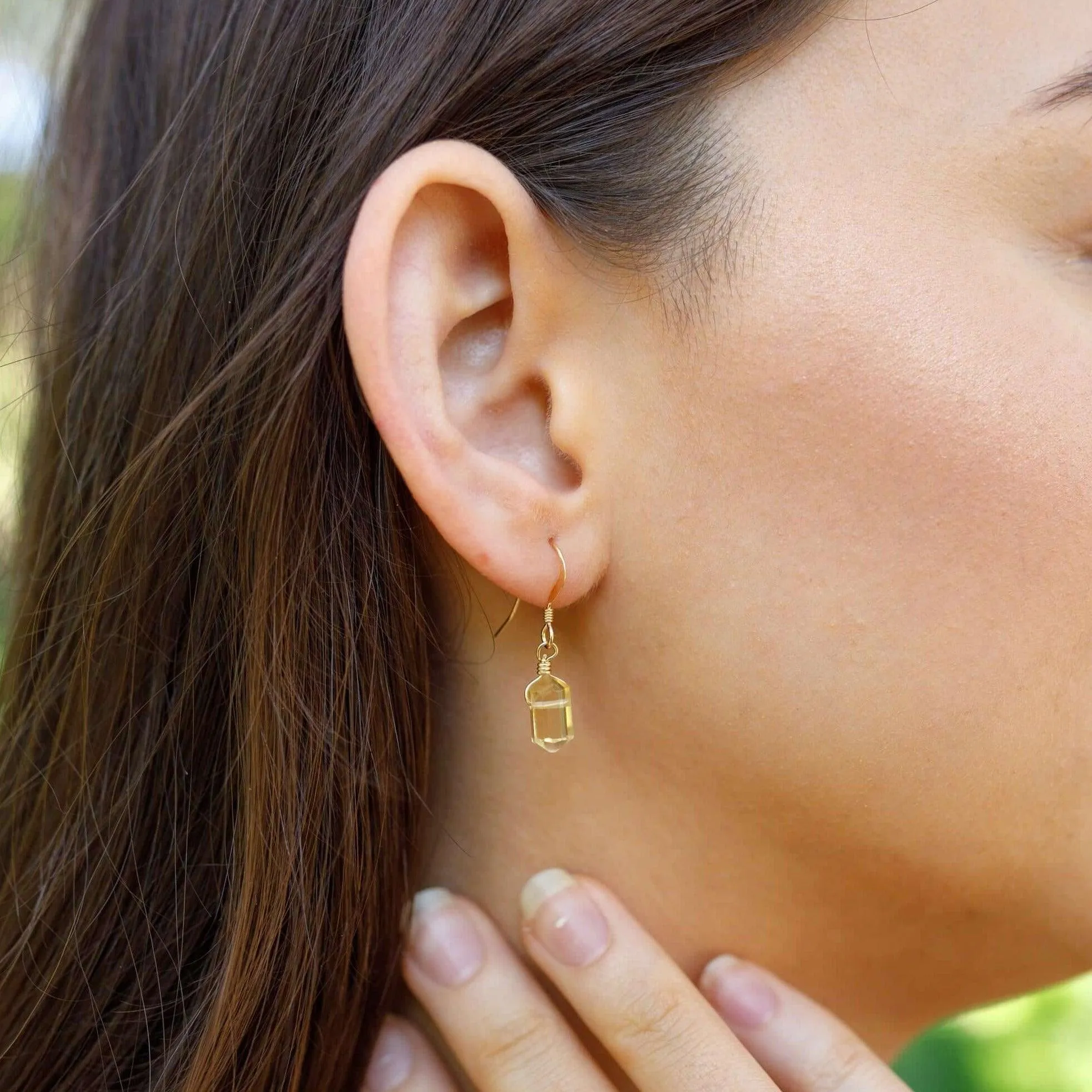 Citrine Mini Double Terminated Crystal Point Dangle Drop Earrings