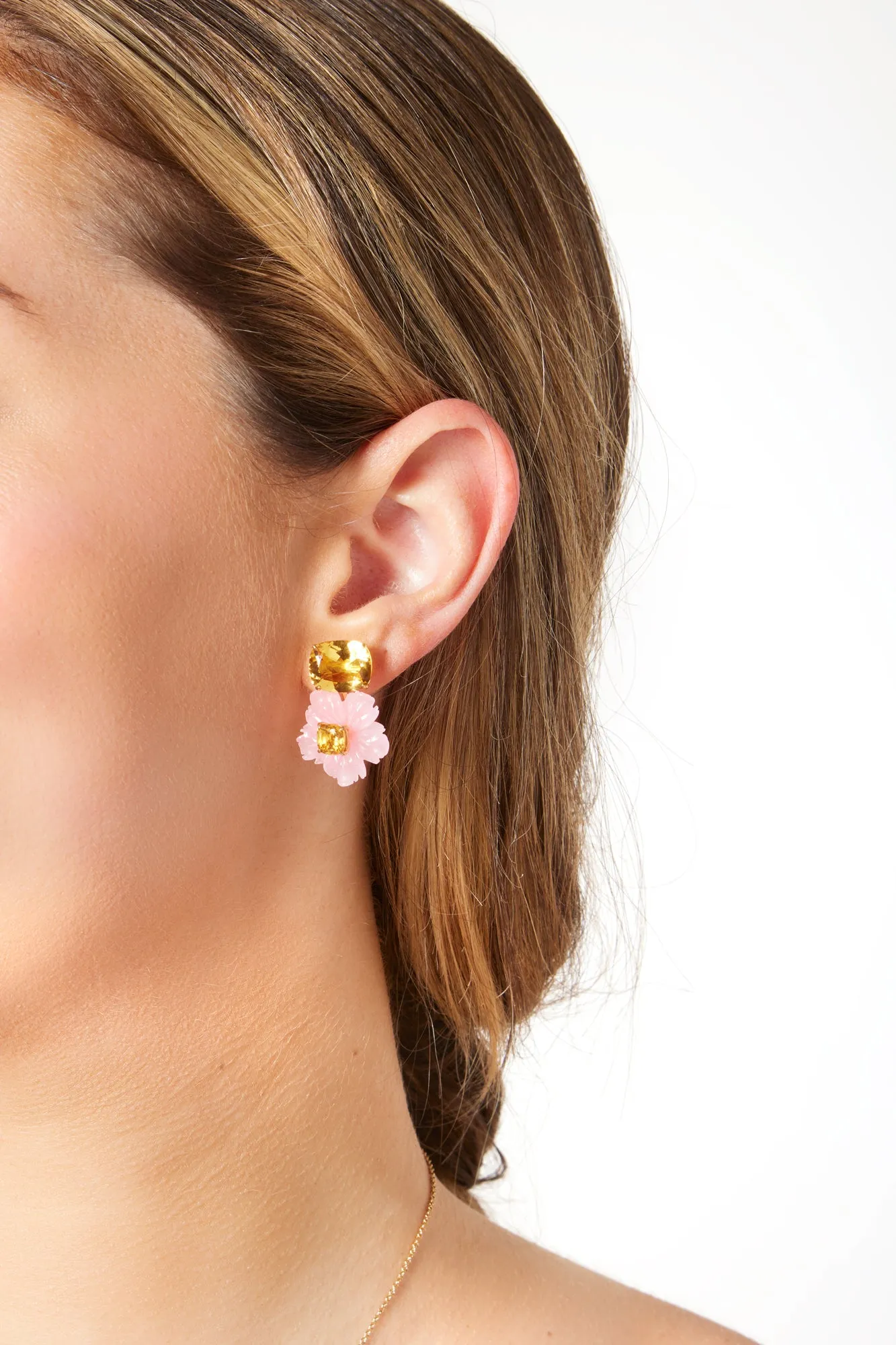 Citrine with Carved Pink Quartzite Flower Drop Earrings