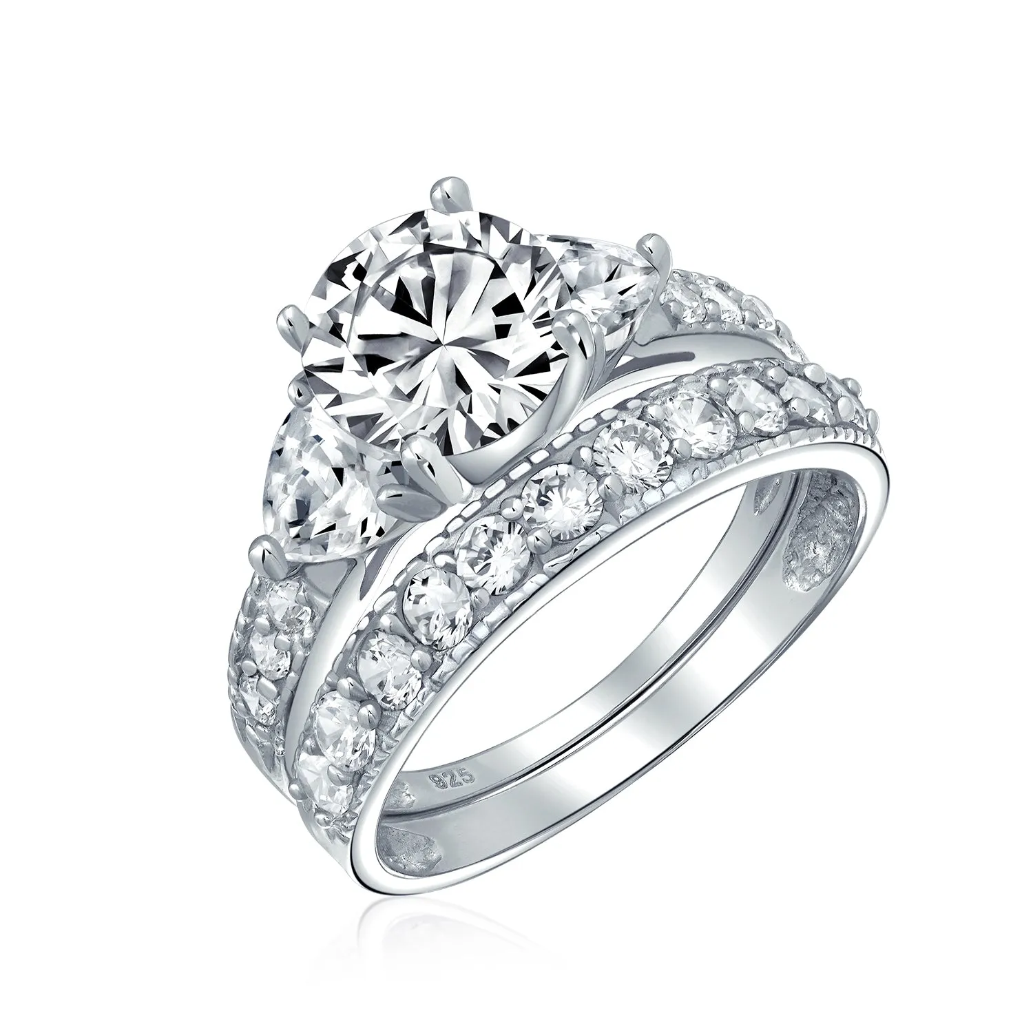 Classic Cocktail Statement Ring: 3CT Round Solitaire CZ Pave Band Sterling Silver