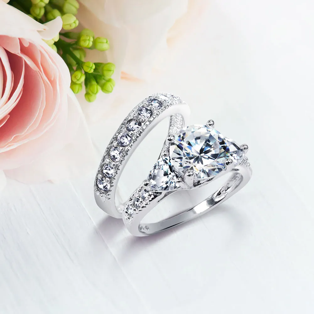 Classic Cocktail Statement Ring: 3CT Round Solitaire CZ Pave Band Sterling Silver
