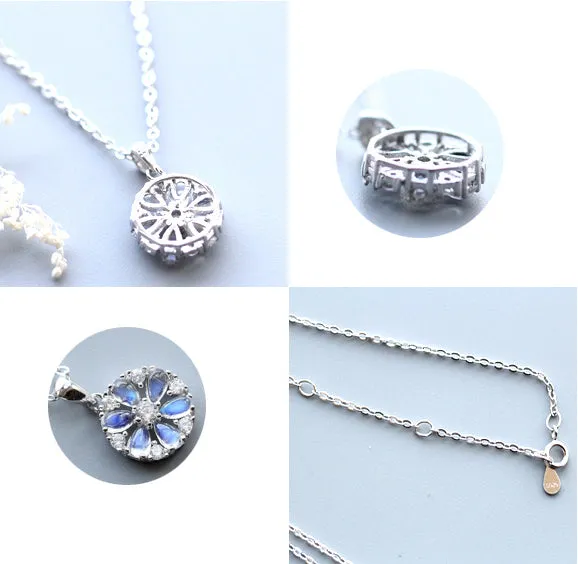 Cute Blue Moonstone Pendant Necklace Sterling Silver Necklace For Women