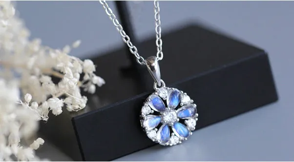 Cute Blue Moonstone Pendant Necklace Sterling Silver Necklace For Women