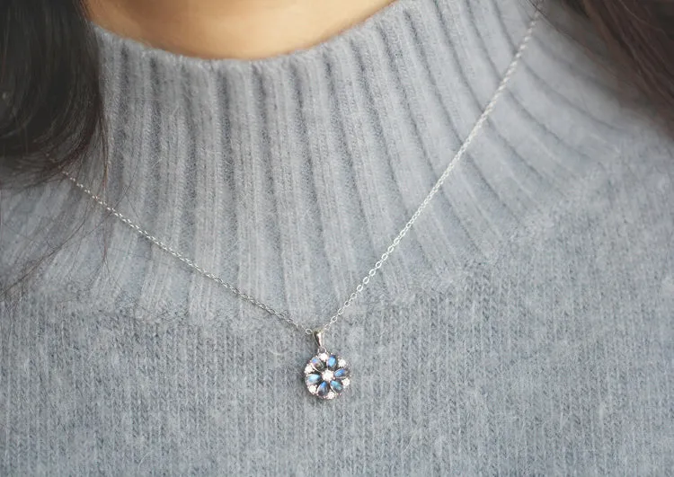 Cute Blue Moonstone Pendant Necklace Sterling Silver Necklace For Women