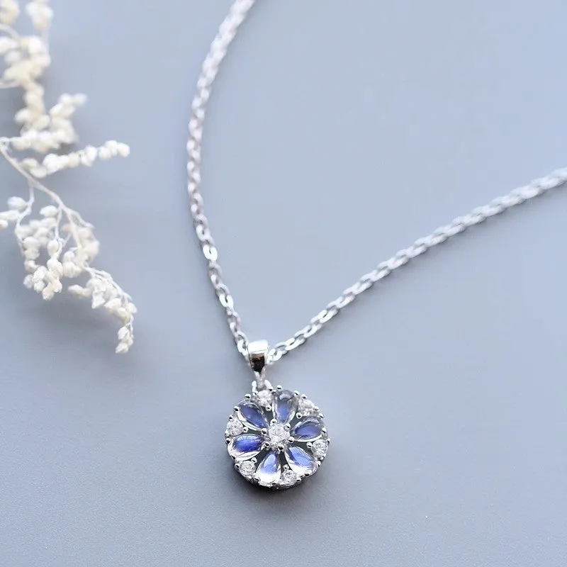 Cute Blue Moonstone Pendant Necklace Sterling Silver Necklace For Women