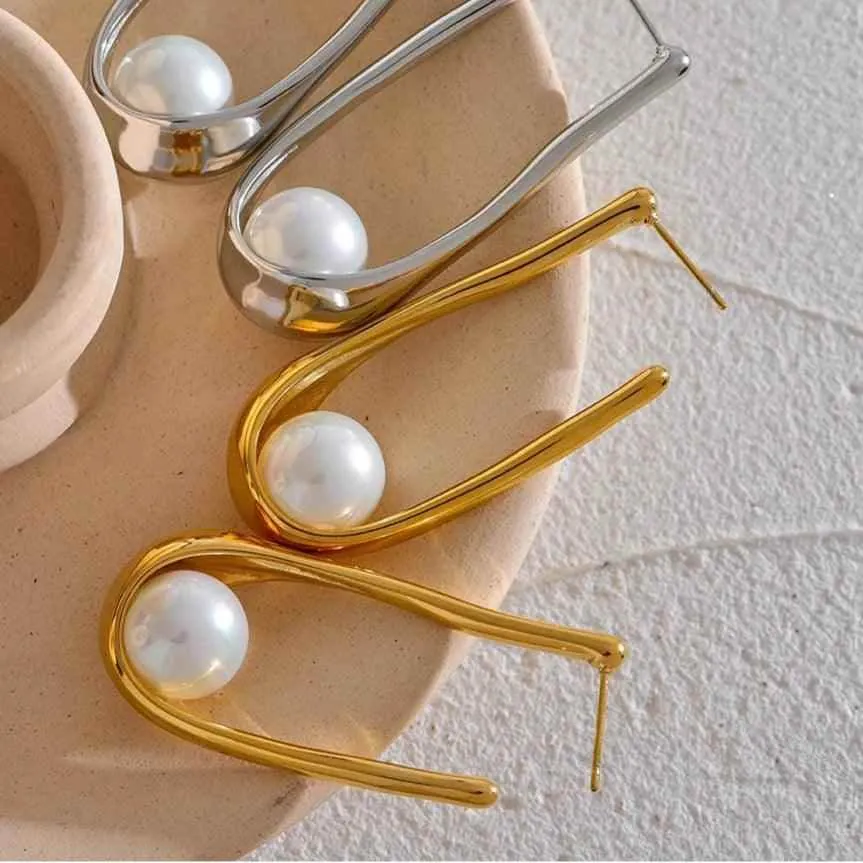 Earrings Charm Jewelry - Stainless Steel - Round Imitation Pearls - YH2574A