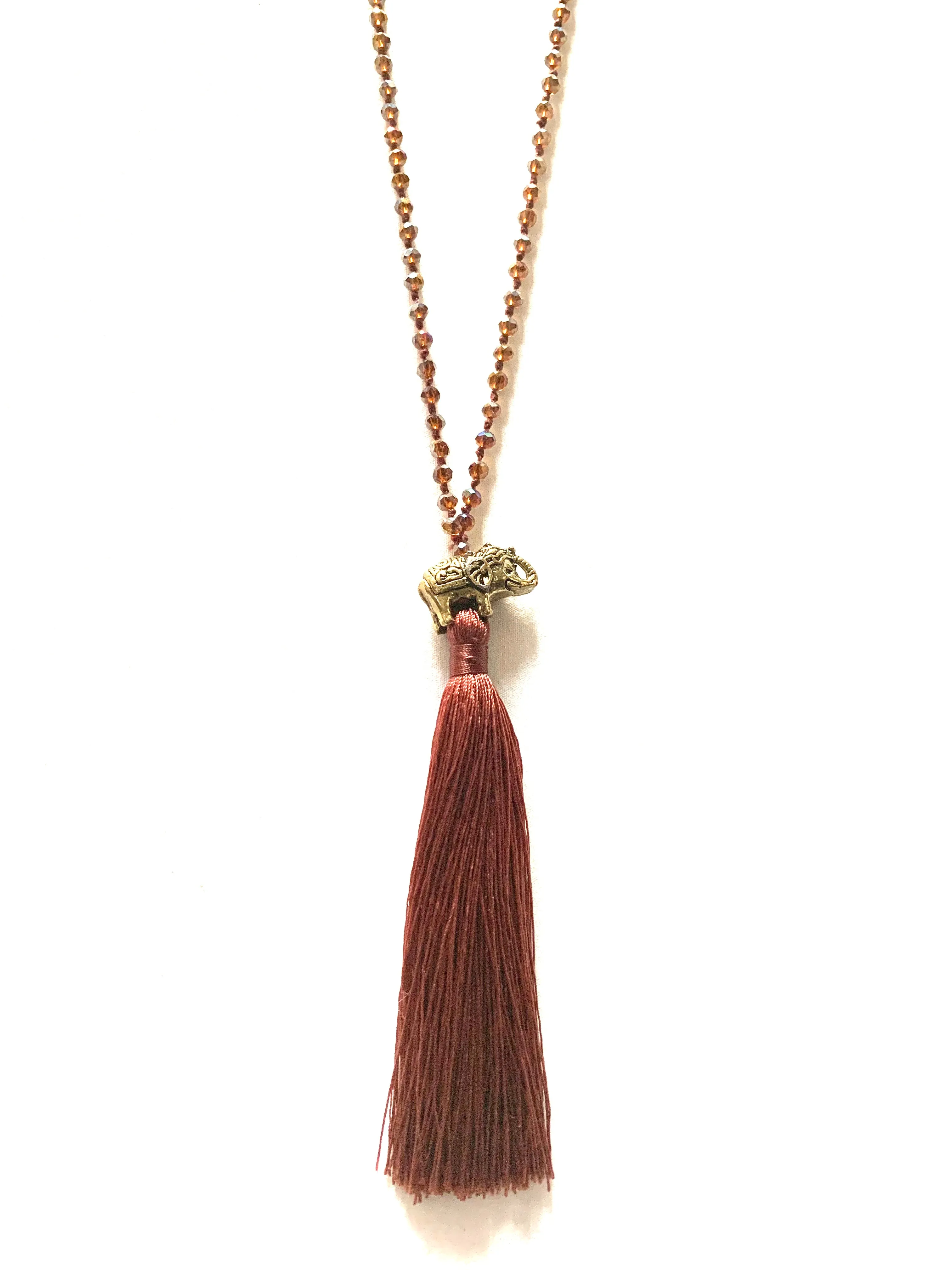 Elephant Burnt Crimson Beaded Tasselled Necklace