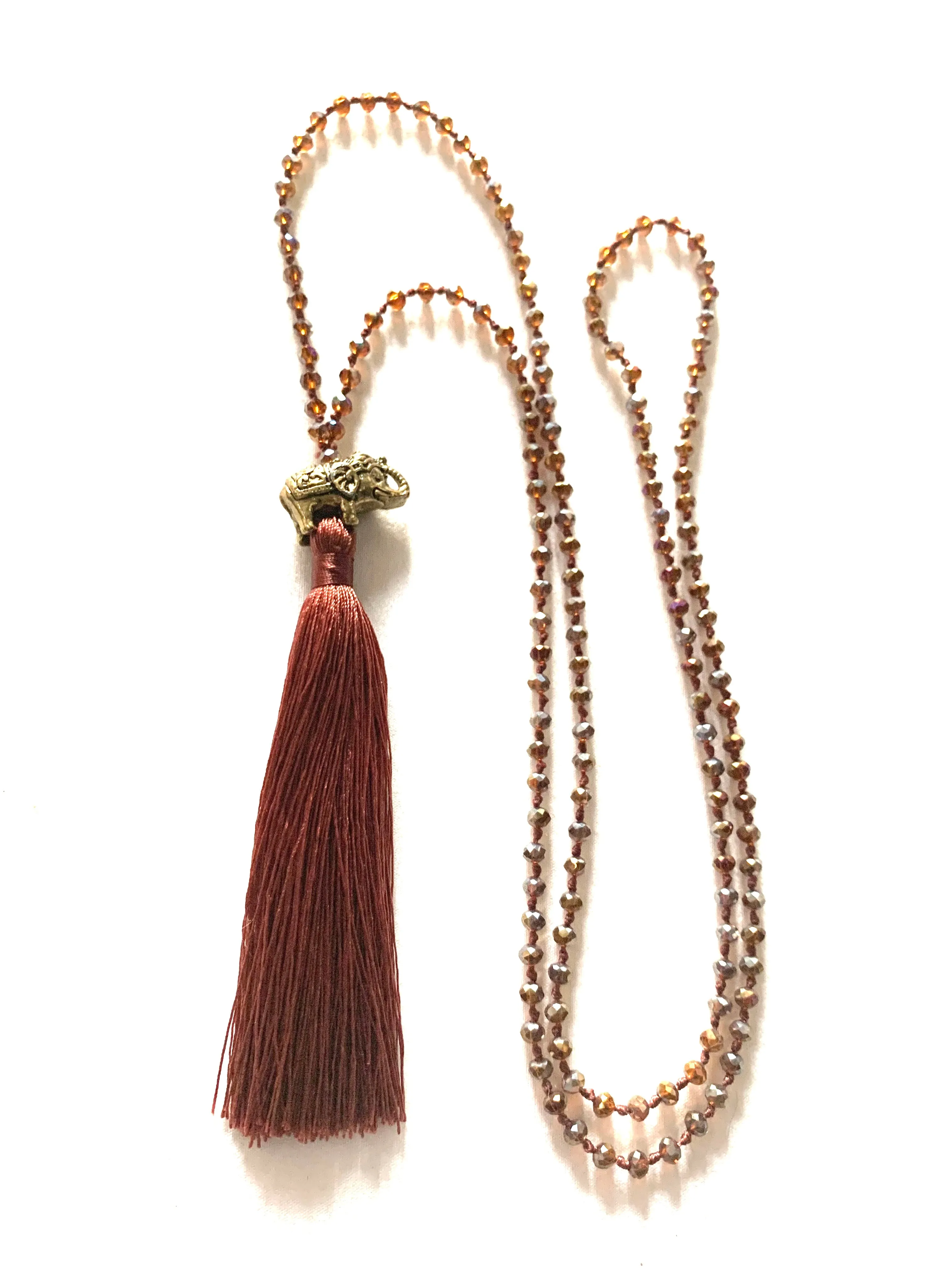 Elephant Burnt Crimson Beaded Tasselled Necklace