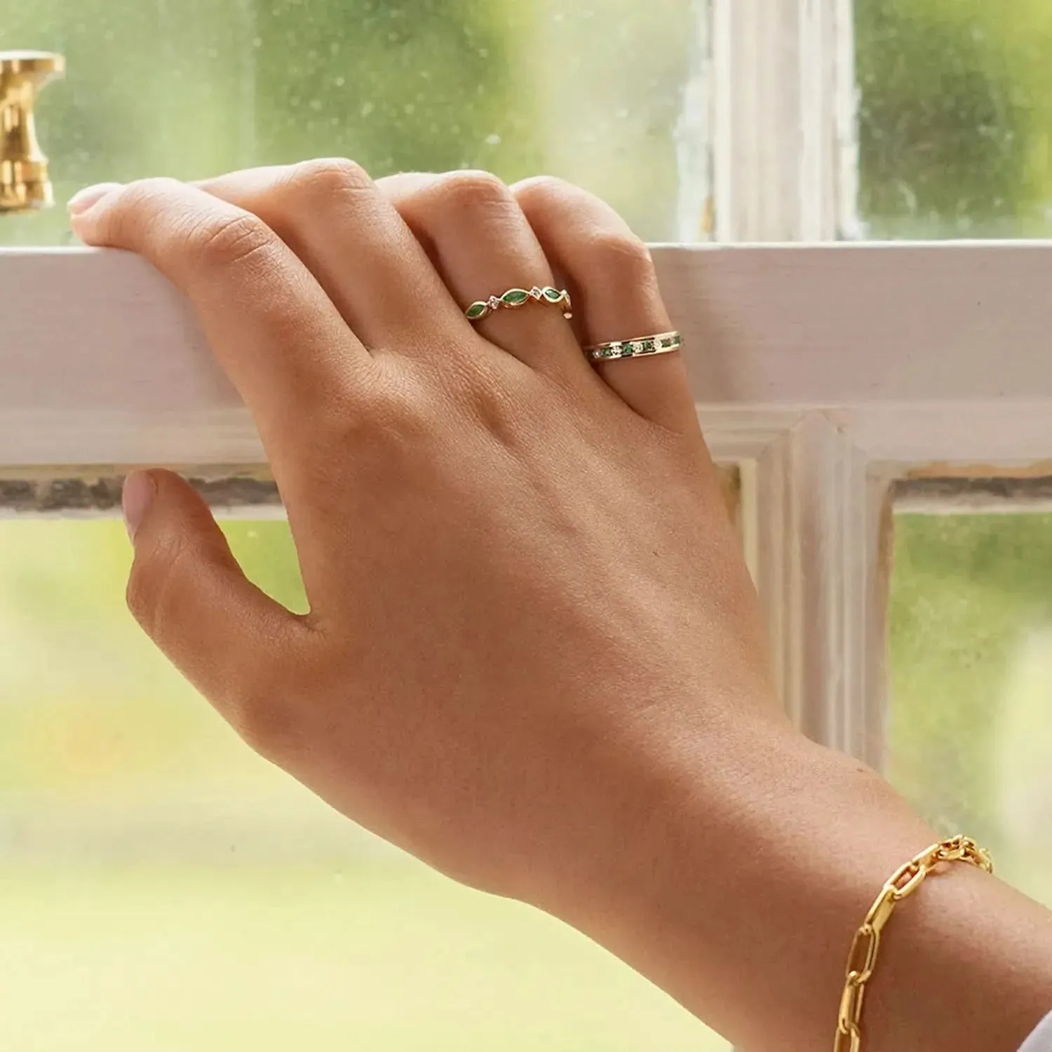 Emerald & Diamond Solid Gold Half Eternity Ring