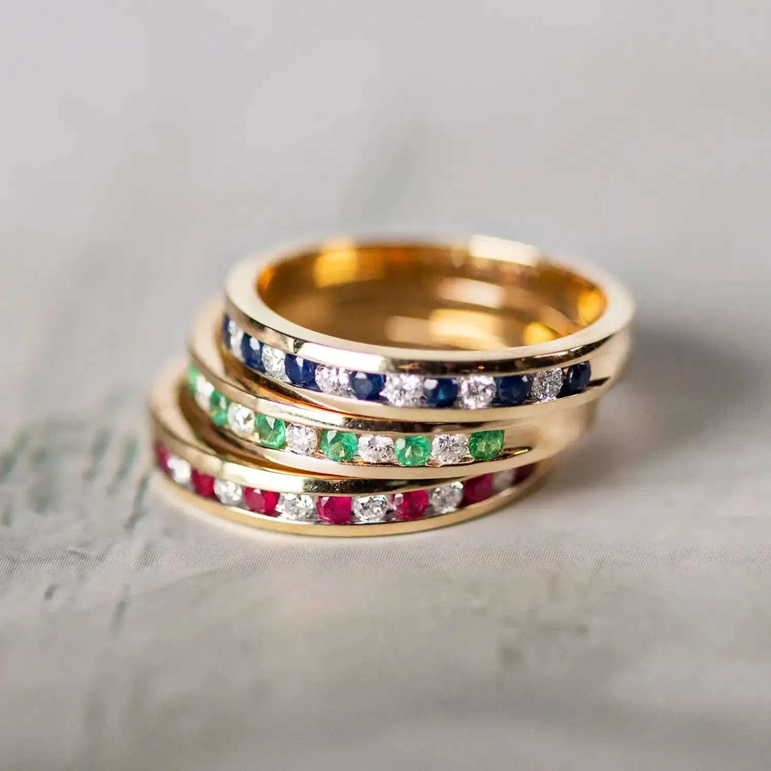 Emerald & Diamond Solid Gold Half Eternity Ring