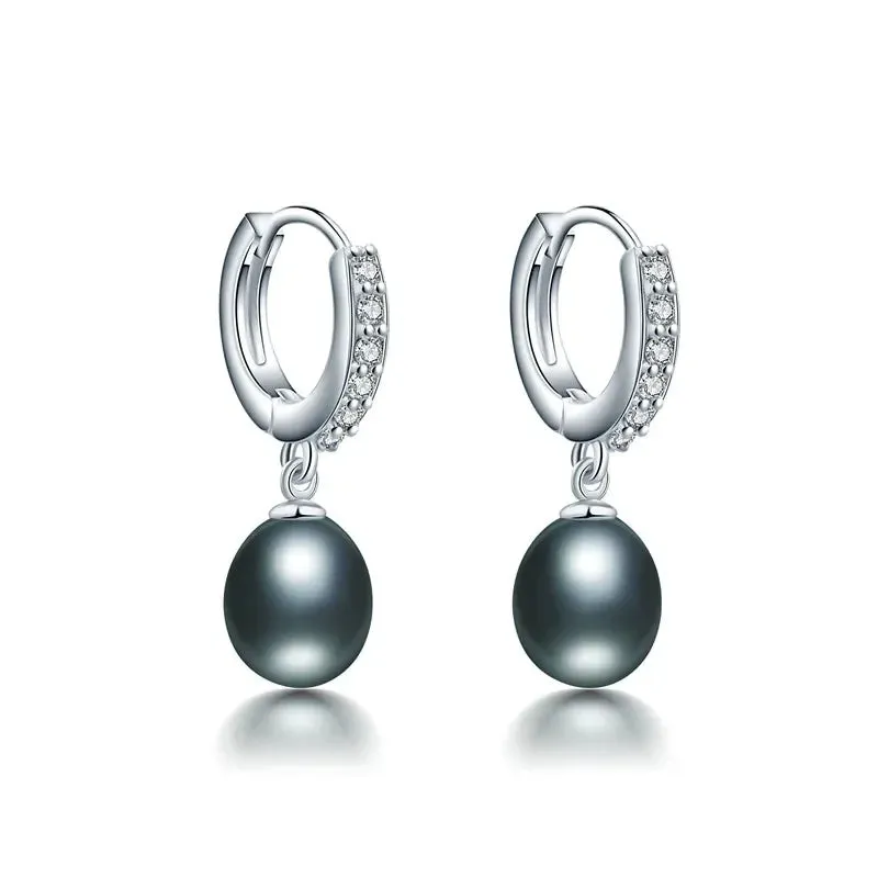 Exquisite Crystals Natural Pearl Hoop Drop Earrings for Women Girls 925 Sterling Silver Dangle Genuine Freshwater Pearls Zircon Jewelry