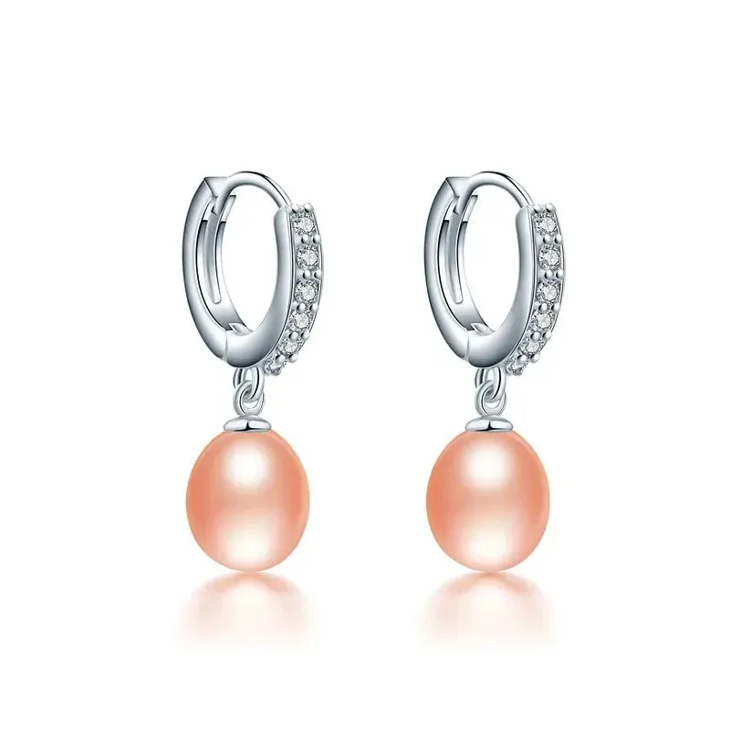 Exquisite Crystals Natural Pearl Hoop Drop Earrings for Women Girls 925 Sterling Silver Dangle Genuine Freshwater Pearls Zircon Jewelry