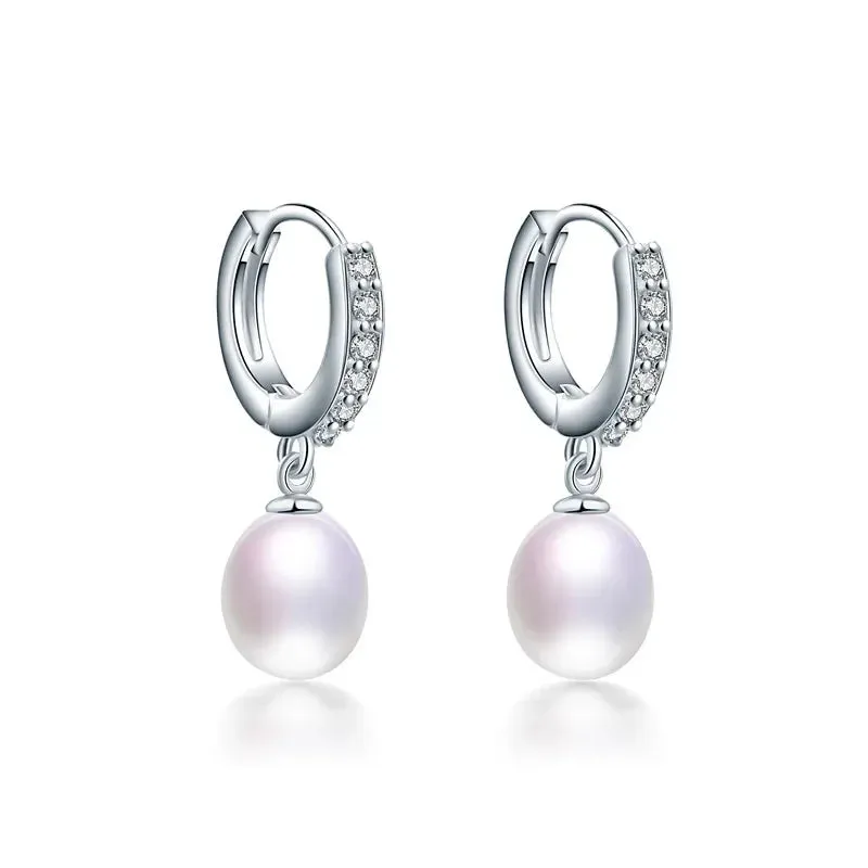 Exquisite Crystals Natural Pearl Hoop Drop Earrings for Women Girls 925 Sterling Silver Dangle Genuine Freshwater Pearls Zircon Jewelry