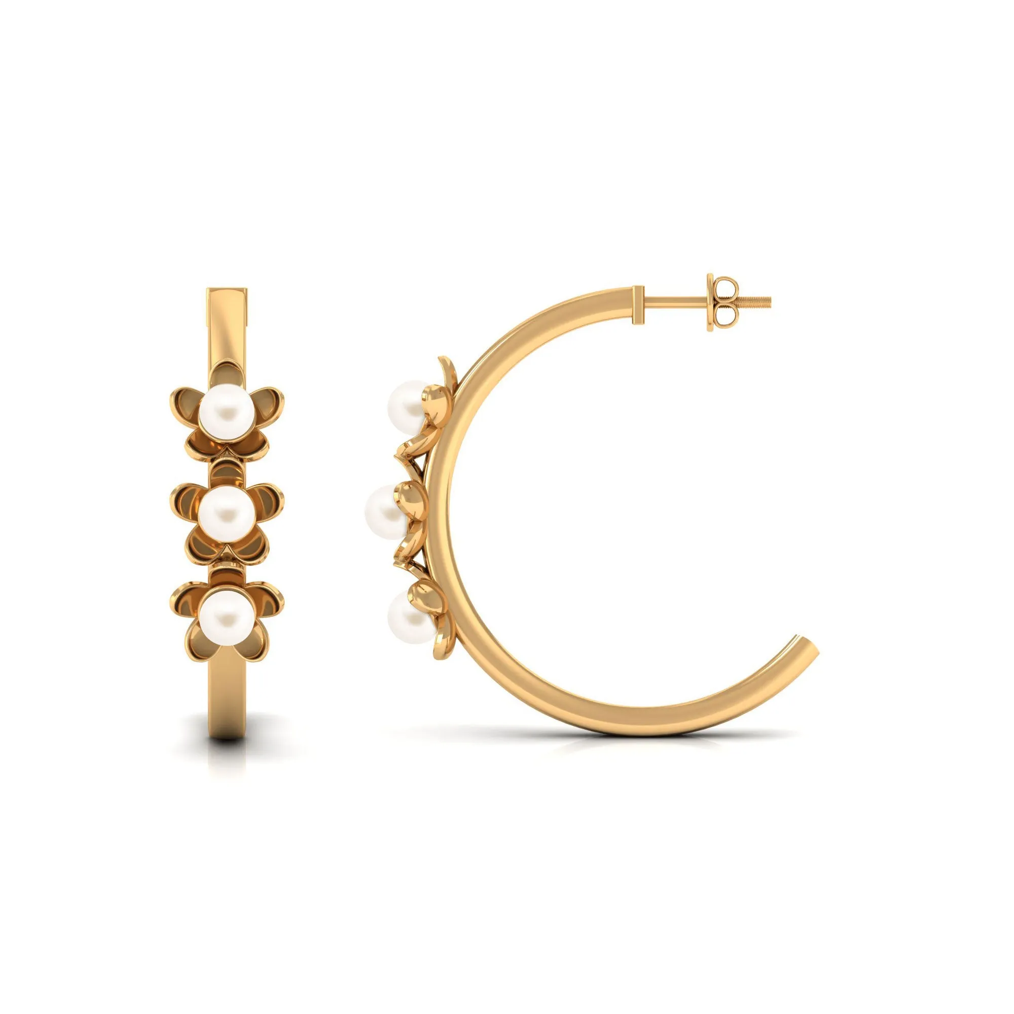 Floral Inspired Freshwater Pearl Three Stone Hoop Earrings