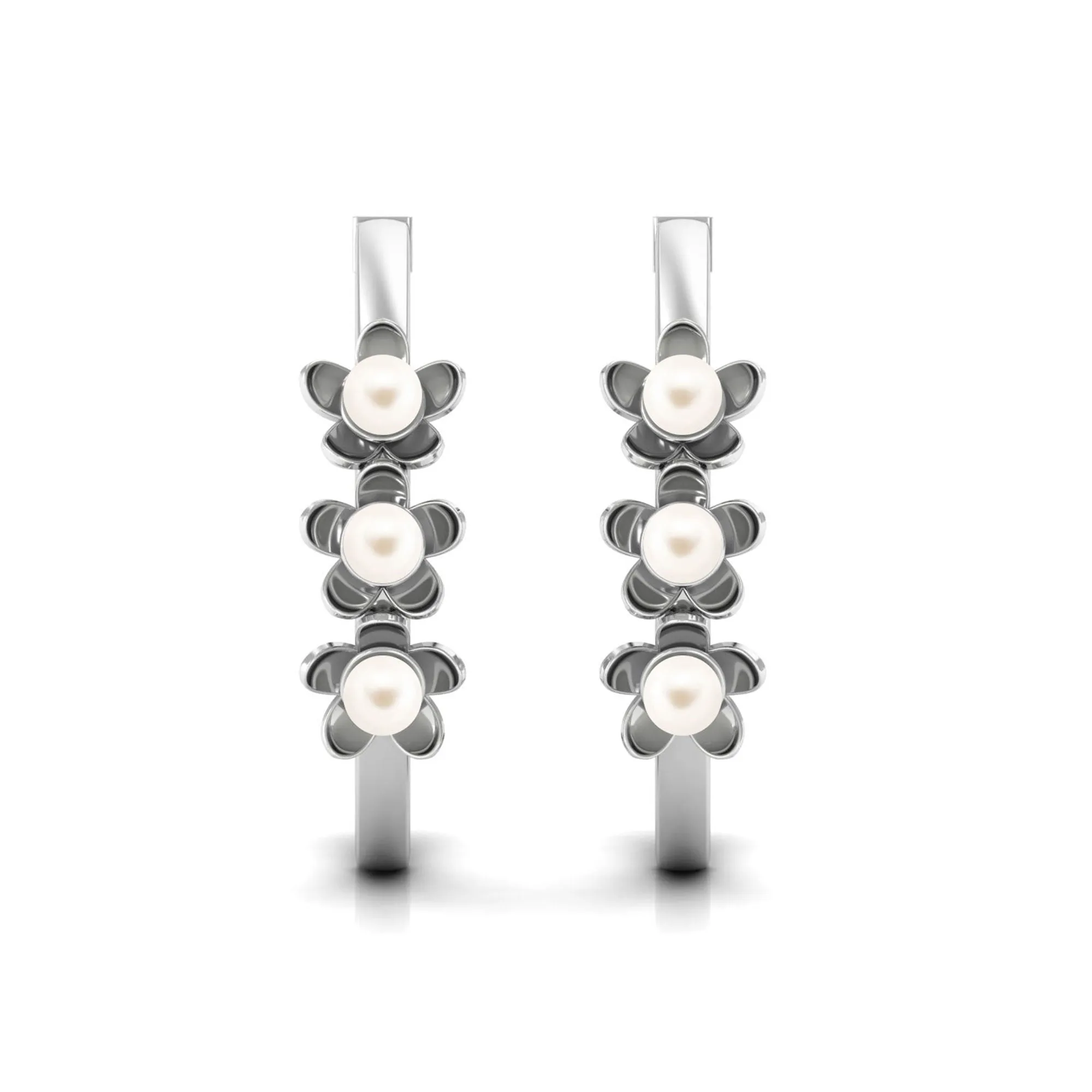 Floral Inspired Freshwater Pearl Three Stone Hoop Earrings