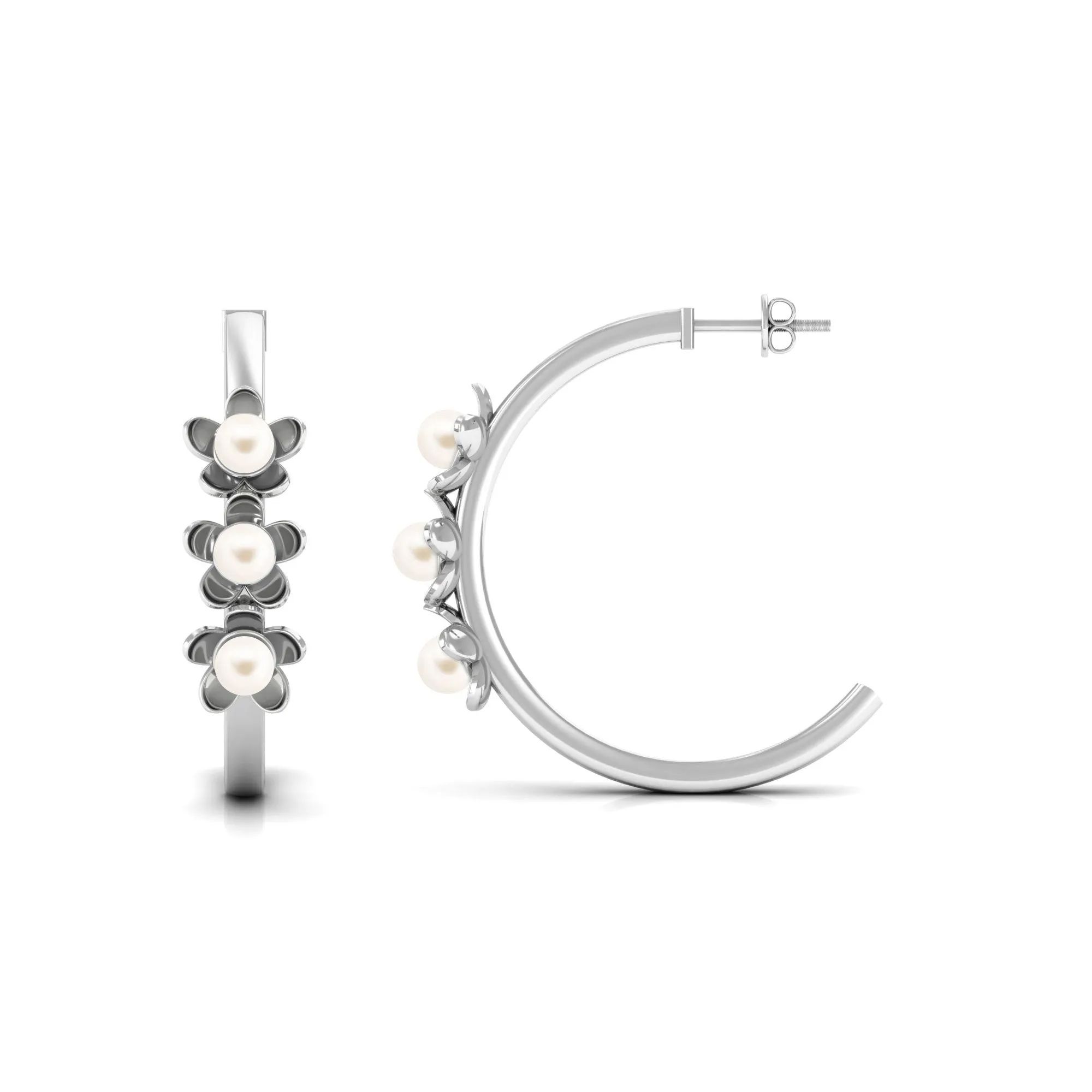 Floral Inspired Freshwater Pearl Three Stone Hoop Earrings