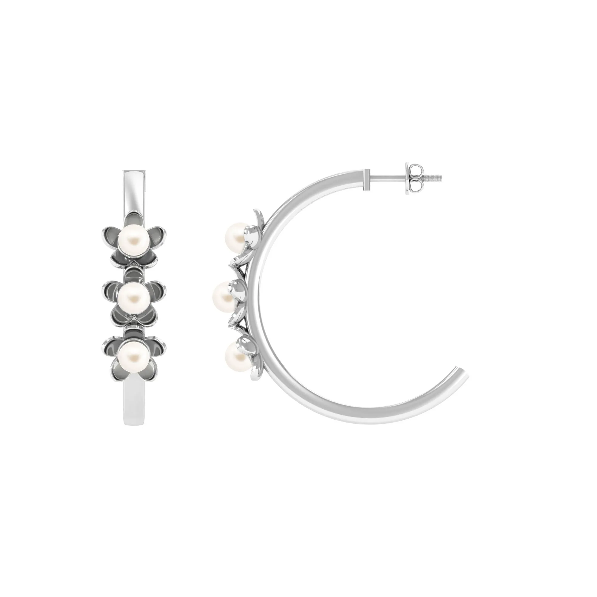 Floral Inspired Freshwater Pearl Three Stone Hoop Earrings