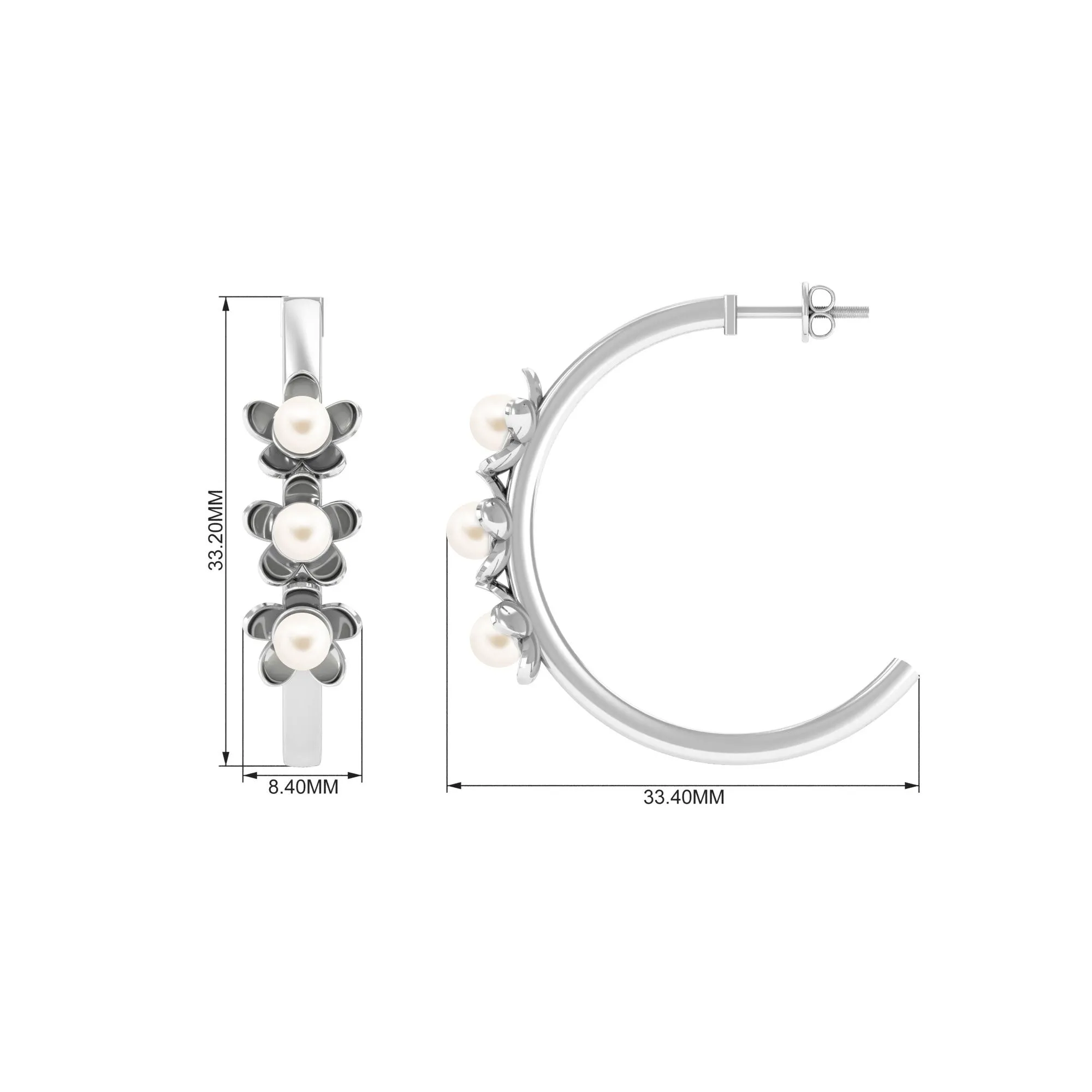 Floral Inspired Freshwater Pearl Three Stone Hoop Earrings