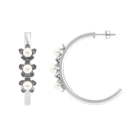Floral Inspired Freshwater Pearl Three Stone Hoop Earrings
