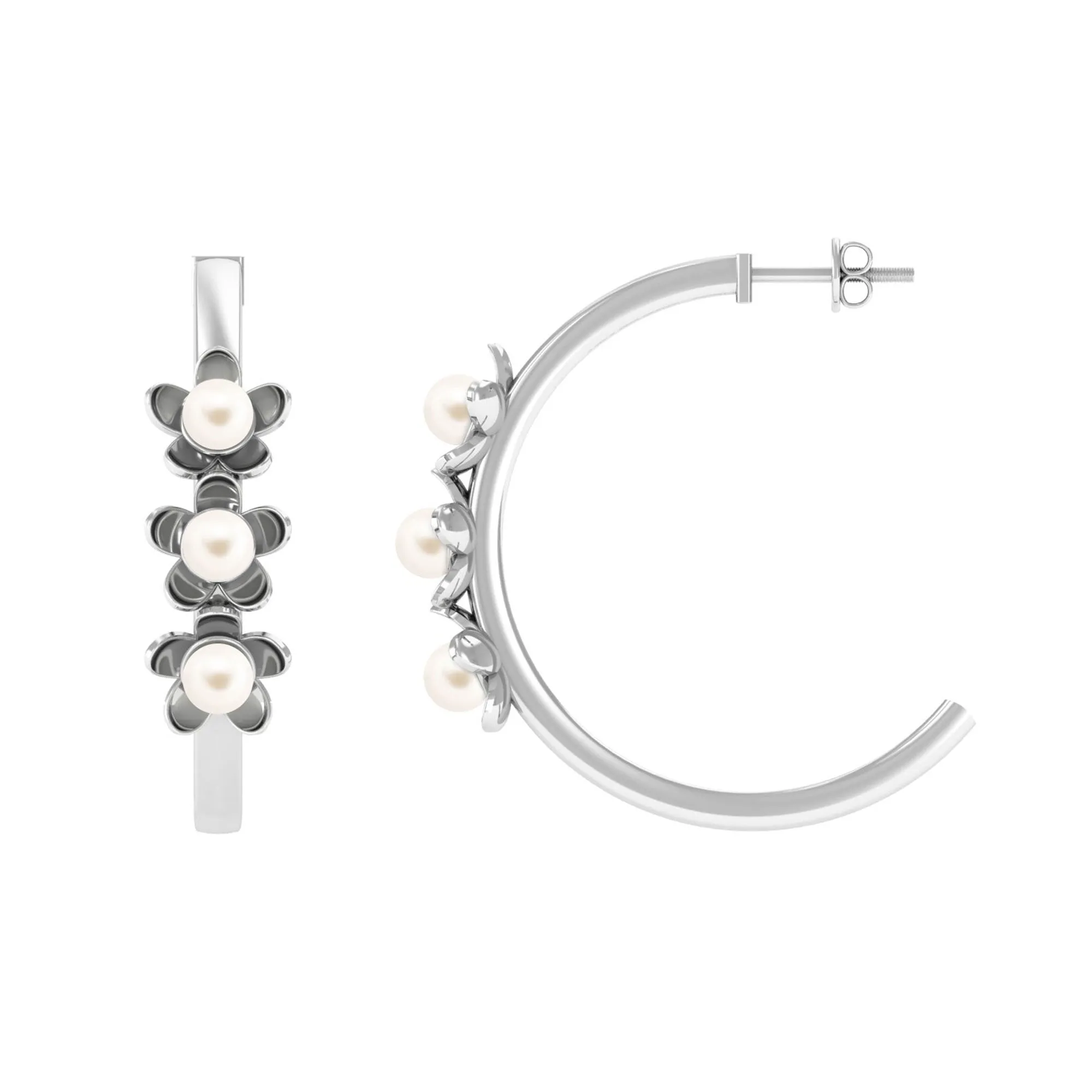 Floral Inspired Freshwater Pearl Three Stone Hoop Earrings