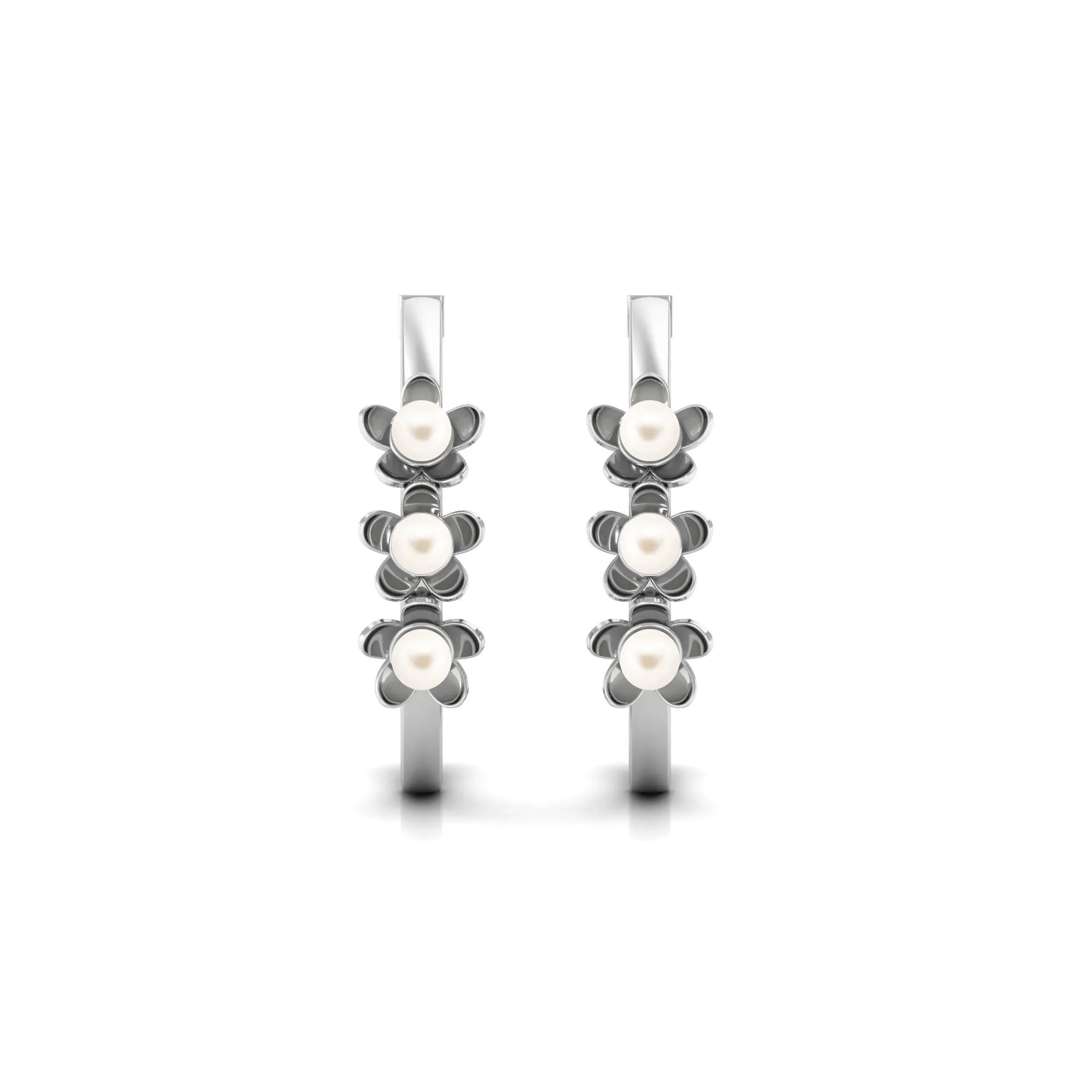 Floral Inspired Freshwater Pearl Three Stone Hoop Earrings