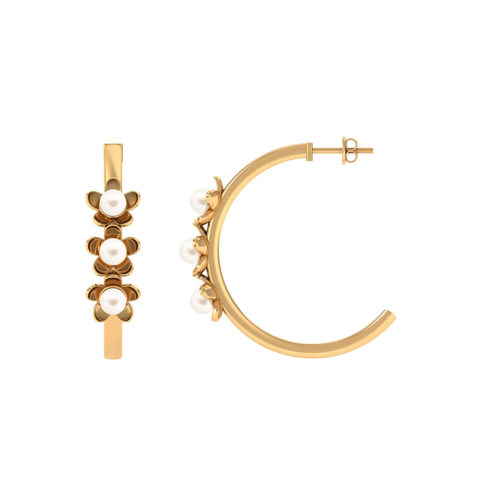 Floral Inspired Freshwater Pearl Three Stone Hoop Earrings
