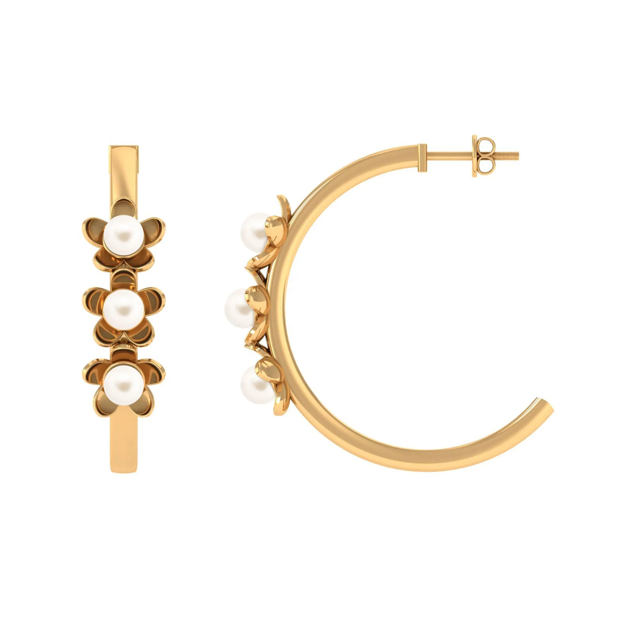 Floral Inspired Freshwater Pearl Three Stone Hoop Earrings