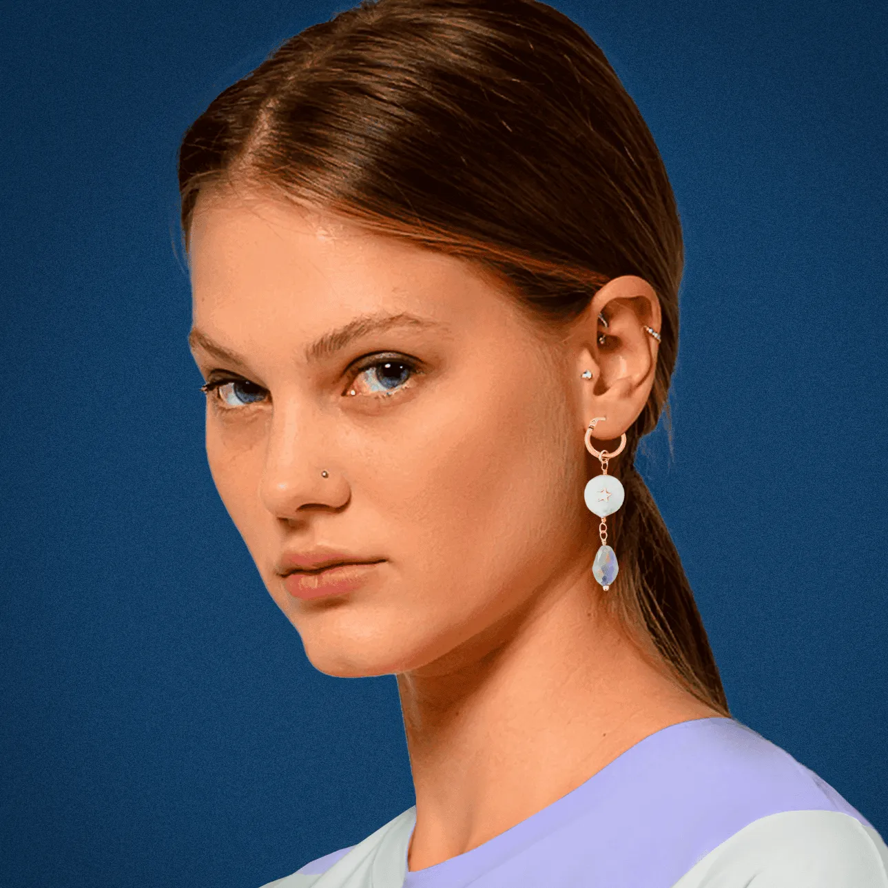 Gold Plated Hoop Earrings w/ Fresh Water Pearl & Blue Crystal