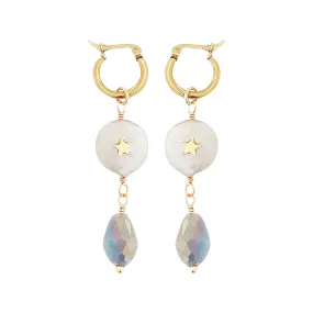 Gold Plated Hoop Earrings w/ Fresh Water Pearl & Blue Crystal