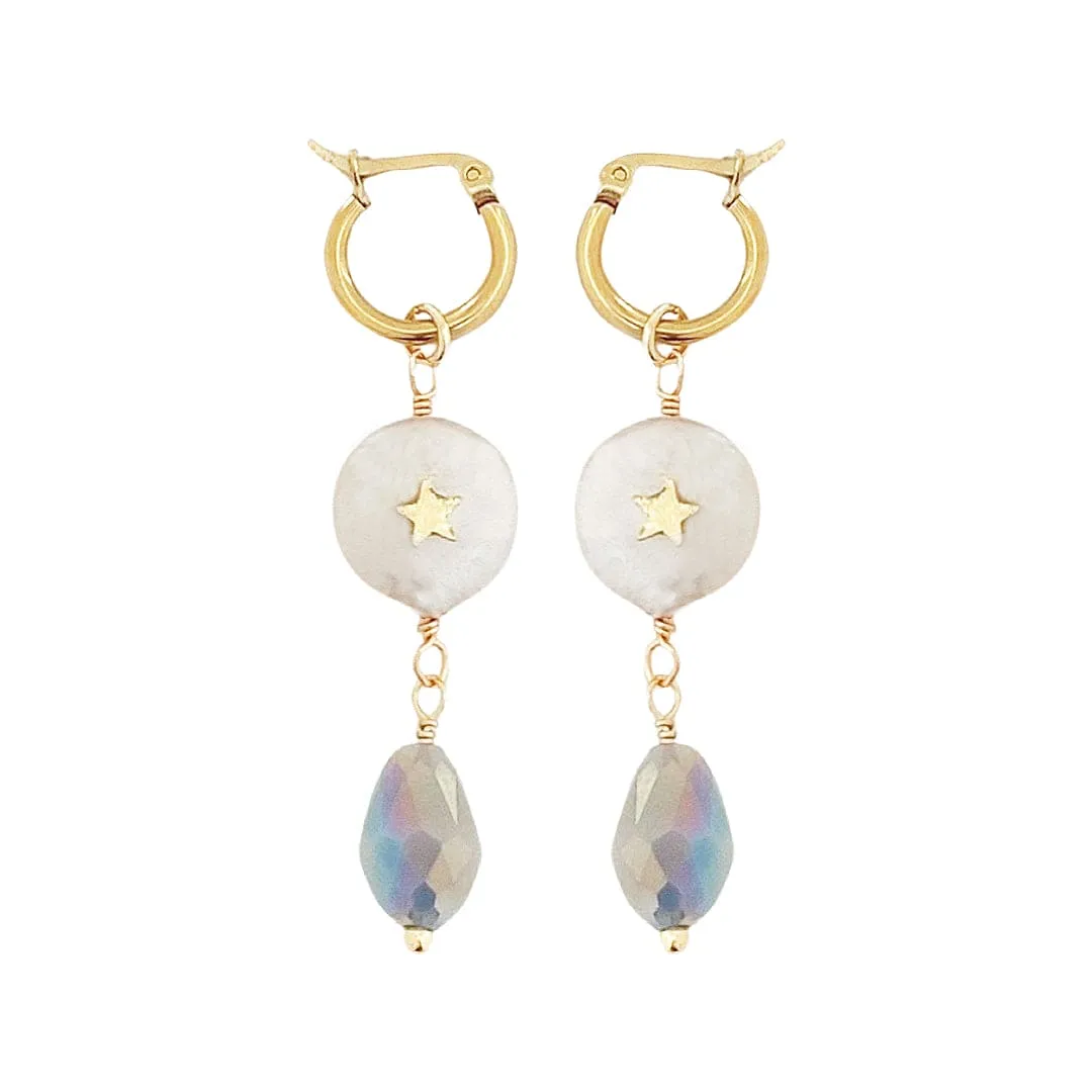 Gold Plated Hoop Earrings w/ Fresh Water Pearl & Blue Crystal