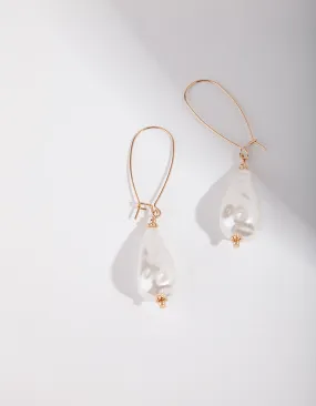 Gold Teardrop Pearl Hoop Earrings